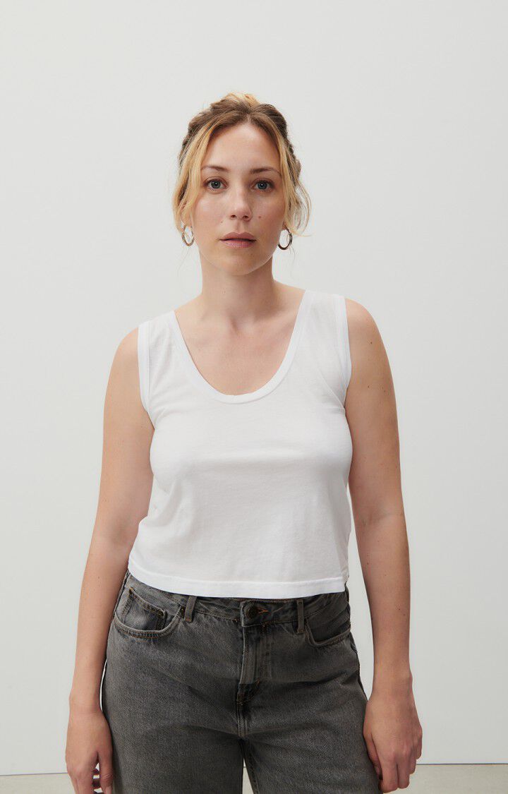 Woman wearing white American Apparel 8369 tank top • E-commerce Tank Top  Mockup